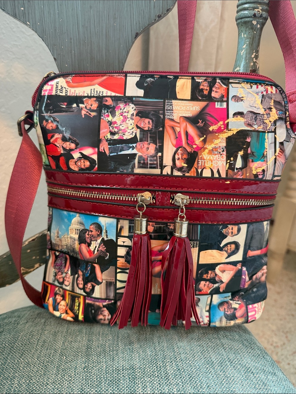 Michelle Obama Photo Collage Crossbody Bag in Burgundy Patent Leather
